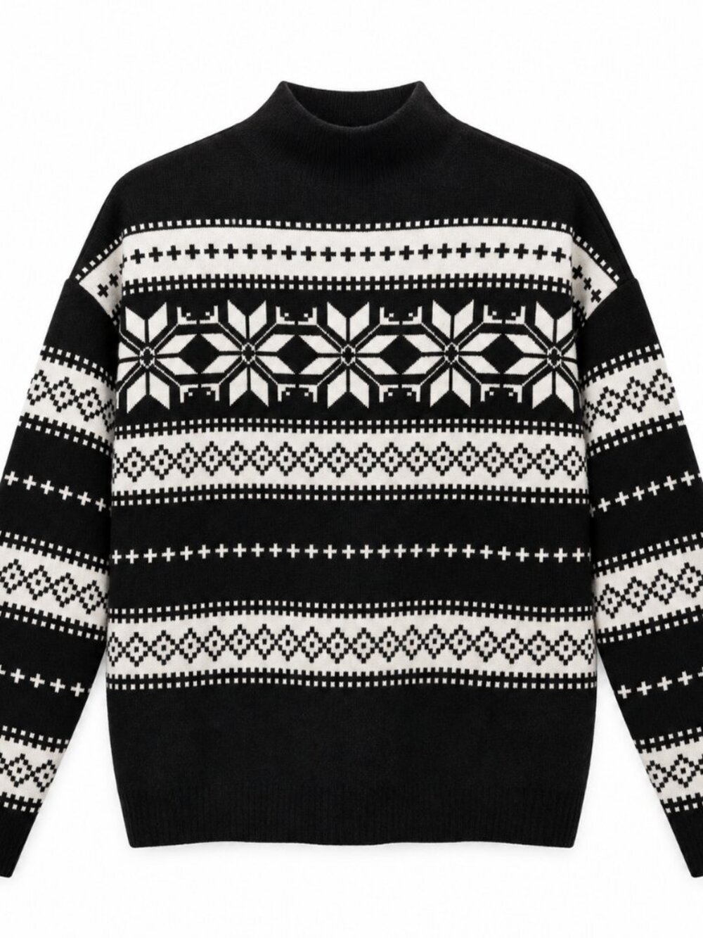 Nicole Miller New York Black & White Fair Isle Mock Neck Sweater Small NEW